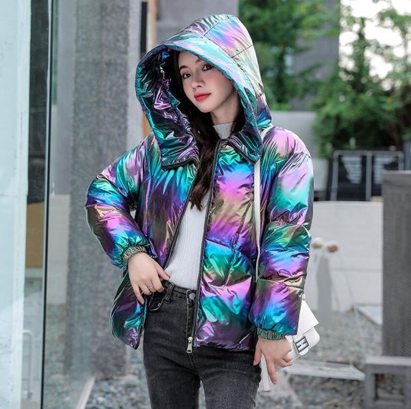 

2021 winter with thick hood cotton jackets tie dye shiny fabric parkas quilted zipper outwear p1849 imgg, Black