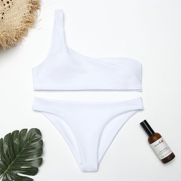 

new solid white one shoulder bikini split swimsuit, White;black