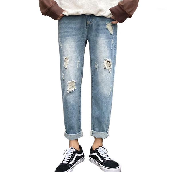 

spring autumn new hole baggy jeans joggers large size men's vintage wash denim pants loose streetwear hip hop harem1, Blue