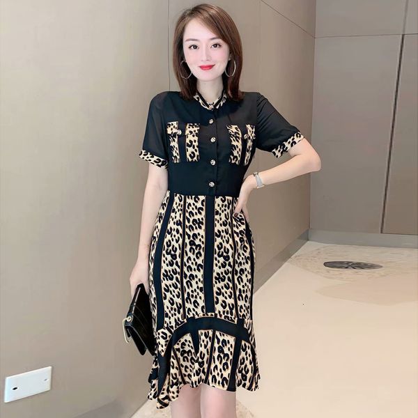 

leopard print short sleeve thin pocket trim party fishtail dress 2021 spring summer new women txjp, Black;gray