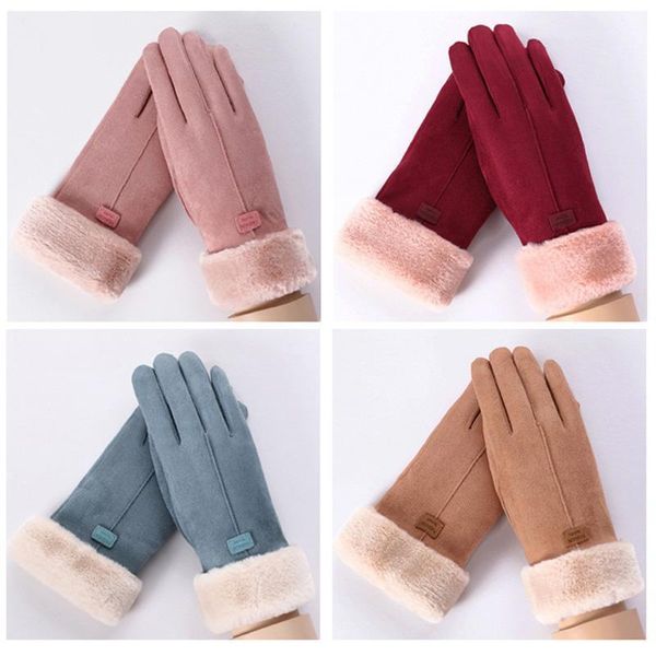 Fünf Finger Handschuhe Frauen Winter Warme Verdickung Fleece Touchscreen Weibliche Reiten Nette Baumwolle Wildleder Fäustlinge Guantes Handschoenen1