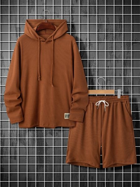 

men patch detail drawstring hoodie & shorts a6kc#, Gray