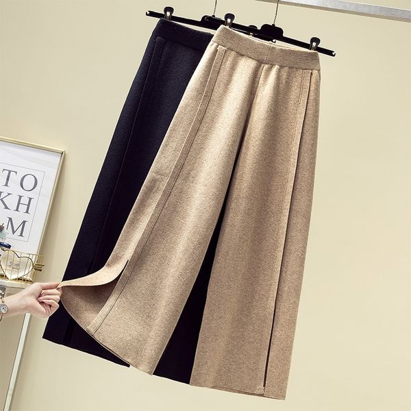 

women autumn winter warm knitted wide leg elastic waist casual loose pants plus size trousers l-3xl 201102, Black;white