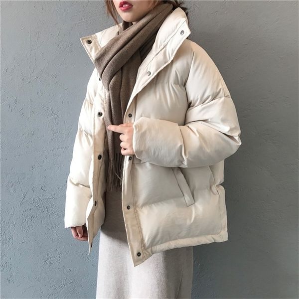 

fashion solid women's winter down jacket stand collar short single-breasted coat preppy style parka ladies chic outwear female 201102, Black