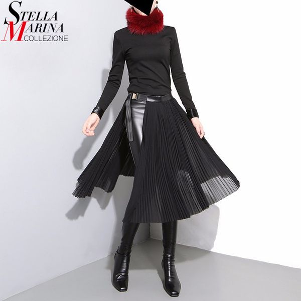 

2020 korean style women solid black pleated chiffon skirt adjustable leather belt high waist split ladies unique midi skirts 876 1014