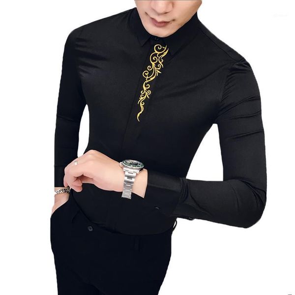 

2020 spring embroidered slim fit long sleeve shirt men social club prom shirt camisa masculina luxury korean men kemeja pr1, White;black