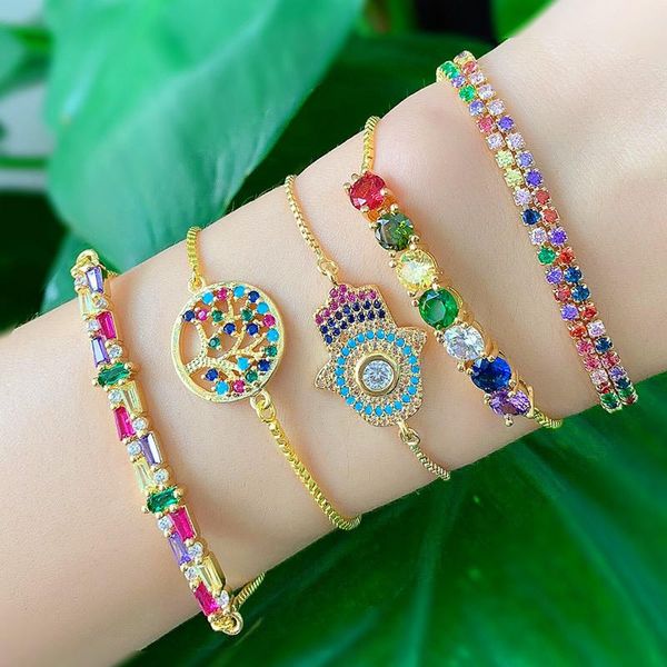 

bohemia rainbow crystal charm bracelets for women hand jewelry multicolor life tree cz gold chain statement bracelets bangles, Golden;silver