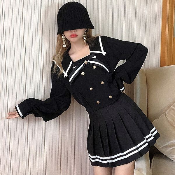 

autumn 2020 new college style lapel bow shirt + pleated skirt 2-piece fashion suit for women