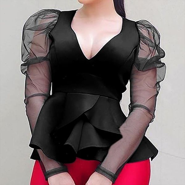 

celmia 5xl fashion women peplum shirts summer v neck mesh sheer puff sleeve ruffles blouse casual solid party blusas female, White