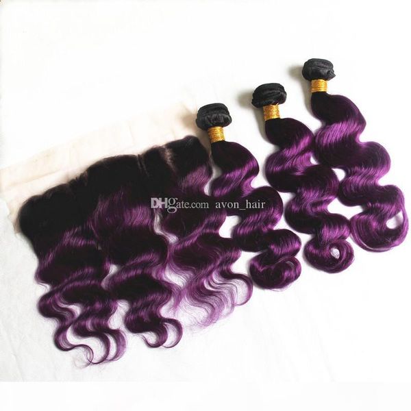 

ombre human hair bundles with lace frontal 13x4 1b purple body wave hair extension with ear to ear lace frontal with baby hair, Black;brown