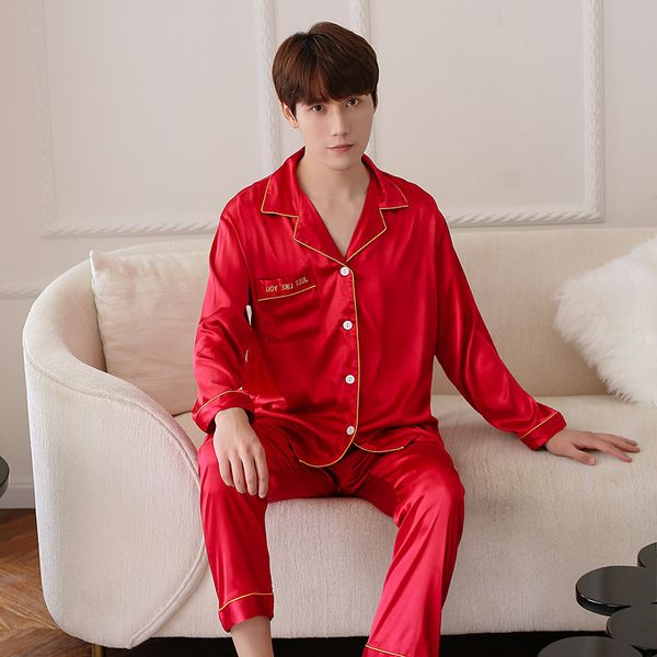 

red spring sleepwear sets mens shirt pants suit casual night robe pajamas male home wear 2pc nightwear sleep kimono bath gown, Black;brown