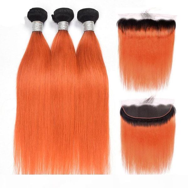 

brazilian virgin hair 3 bundles with 13x4 lace frontal with baby hair 1b orange ombre straight hair wefts with 13 by 4 frontal part, Black;brown