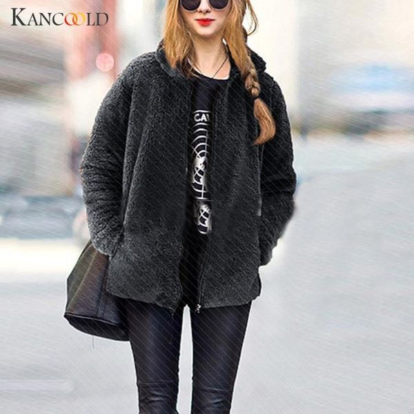 

kancoold women's large size fashion lapel solid color loose plush zip pocket jacket elegant solid color street women's jacket1, Tan;black