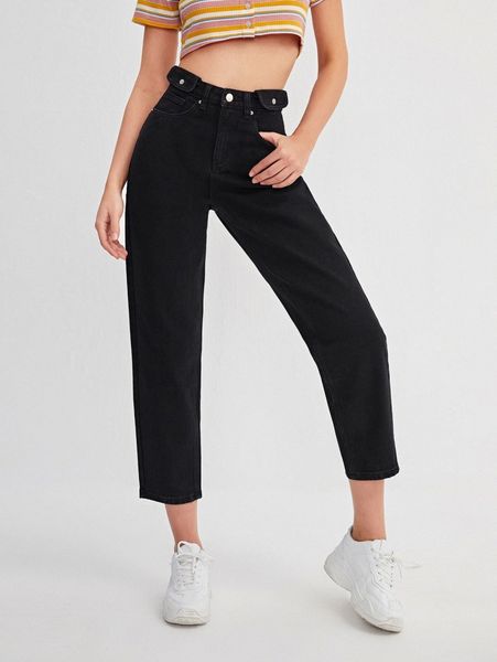 

high waist flap detail crop jeans z92q#, Blue