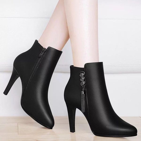 

boots 2021 high heel chunky korean women's booties pendant bare ankle european style, Black