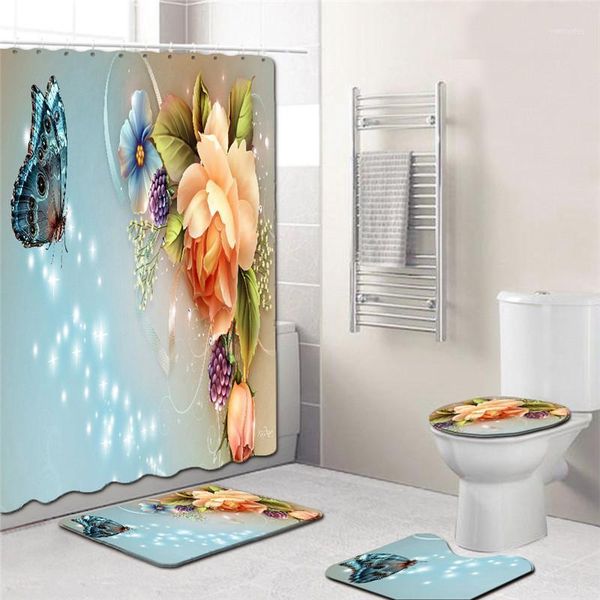 

4pcs mat set toilet cover bathroom pad set toilet doormat entrance mat print bath with flower shower curtain1