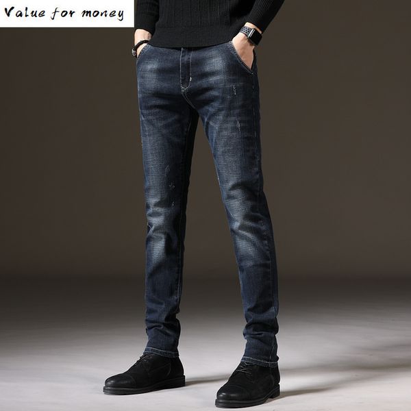 

2021 men's new slim elastic fashion business classic style blue ny jeans denim pants trousers male