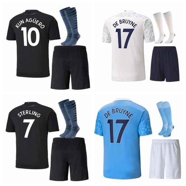 

2020 2021 manchester kids soccer jerseys sets kun aguero ferran aké rodrigo foden stones bernardo de bruyne football shirt shorts with socks, Black