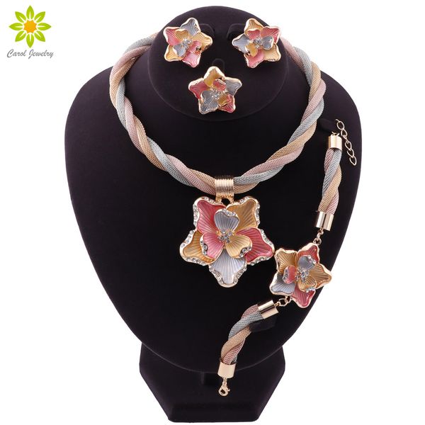 

new arrival african jewelry charm gold color necklace earrings for women wedding bridal bracelet ring flower pendant jewelry set, Slivery;golden