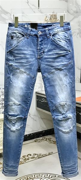 

20s new arrival mens design fashion casual autumn classic trousers famous brand zipper designer slim skinny jeans hip hop denim, Blue