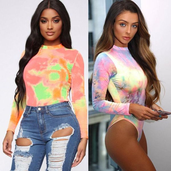 

women's jumpsuits & rompers shiny tit-dyeing print mock neck bodysuits women 2021 spring leotard long sleeve stretch classy short r, Black;white