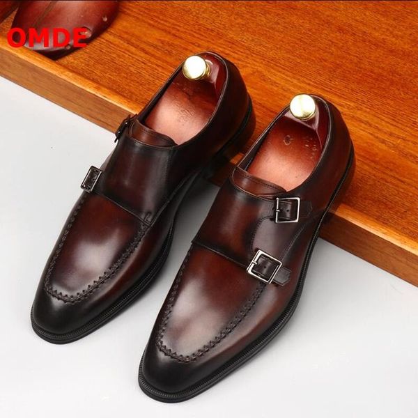 

omde fashion genuine leather loafers monk strap men formal shoes designer brand buckles business office shoes men wedding, Black