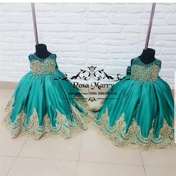 

luxury gold lace flower girls dresses for weddings 2020 ball gown crystal long satin birthday first comunion party gowns, Red;yellow