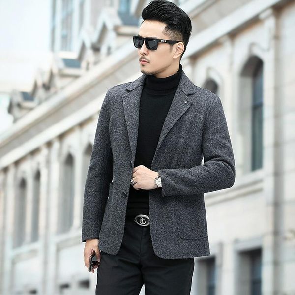 

men's wool & blends winter warm woolen coat british double faced windbreaker middle aged wear, Black