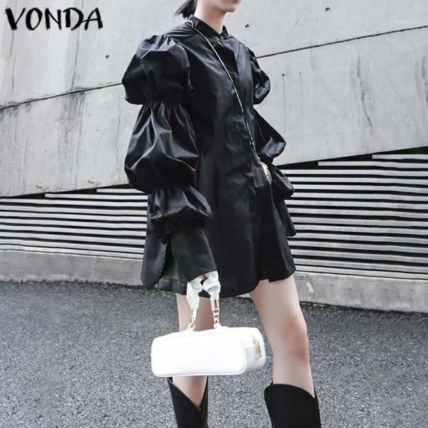 

vonda women blouse plus size vintage long lantern sleeve lapel collar shirts casual loose buttons blouse office blusas femininas1, White