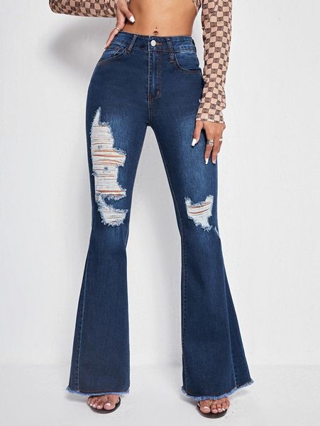 

raw hem ripped flared leg jeans y44a#, Blue