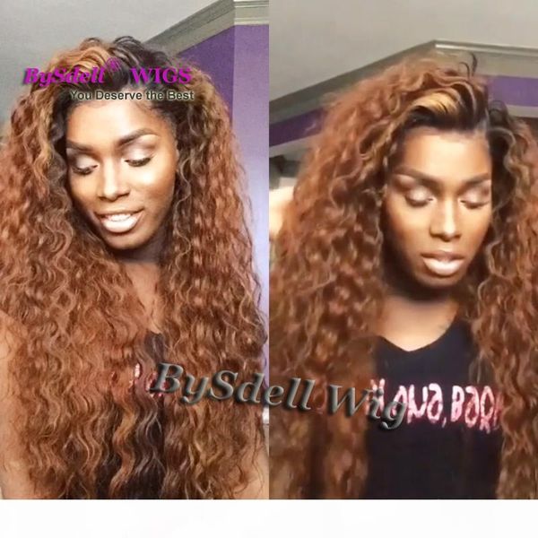 

luxury natural black ombre brown color synthetic glueless lace front wig premium beach curly hair full lace front wigs for black woman