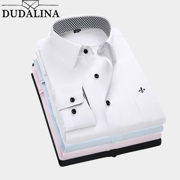 

dudalina 2019 men shirt plus size pocket long sleeved classical male shirts formal business shirt man embroidery logo -5xl1, White;black