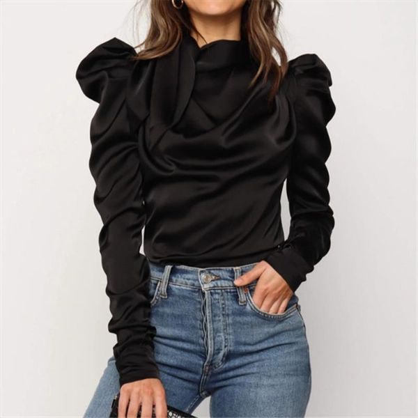

2020 new autumn women ladies solid bow puff sleeve blouses arrival slim ruffle shirts ol casual clothes blouse, White