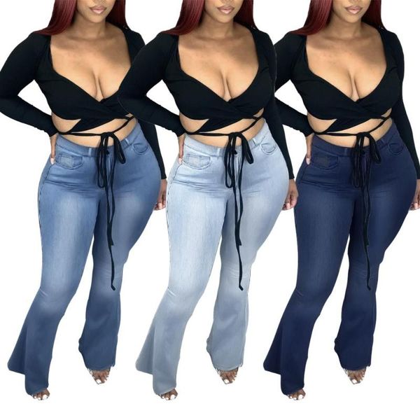 

plus size women high waist falred jeans 2020 autumn winter lady's chic design lace-up solid skinny bell-bottomed denim trousers, Blue