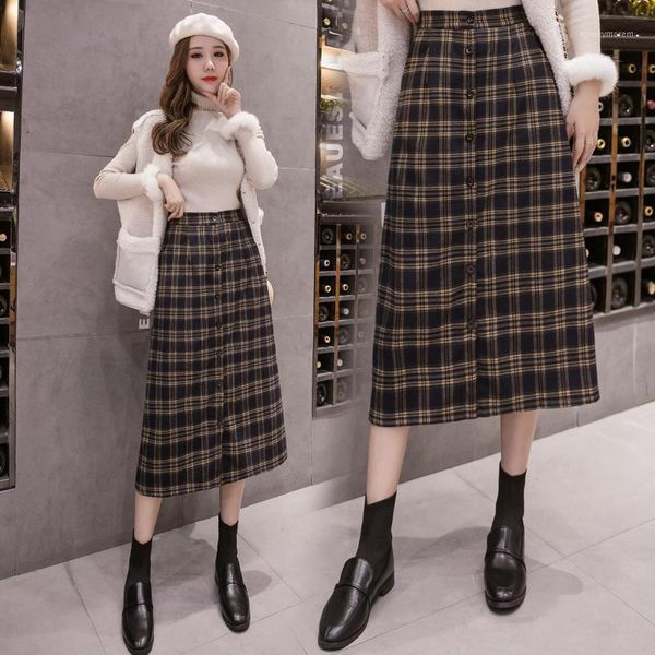 

fashion women's skirts 2020 autumn new large size net red plaid high waist slimming mid-length skirt1, Black
