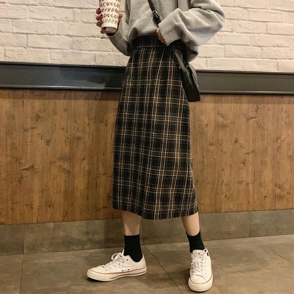 

new japanese style high elastic waist long skirts woman autumn winter plaid a-line skirts womens long for 2020 women1, Black