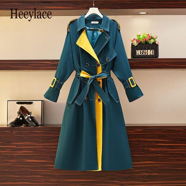 

plus size women autumn fashion windbreaker high street patchwork contrast color double breasted full sleeve women trench coat, Tan;black