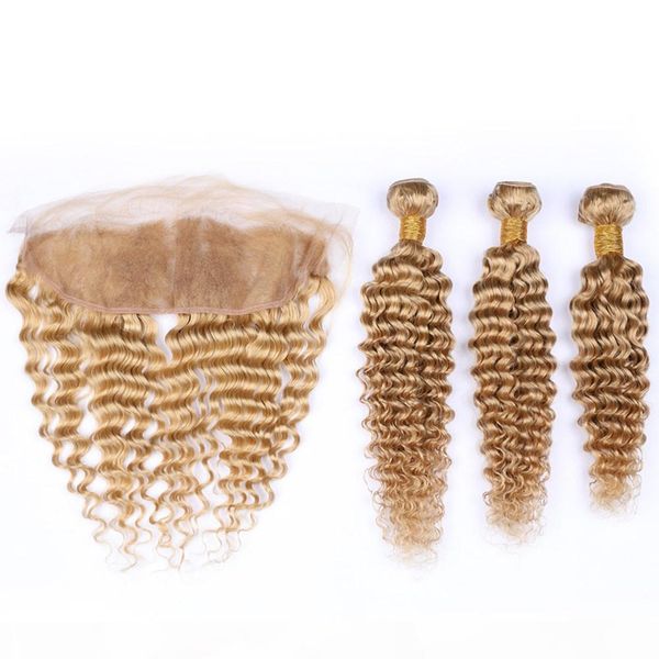 

deep wave малазийского человеческих волос # 27 honey blonde extensions переплетения с фронтальной клубничный блондинкой волнистого 3bundles, Black;brown