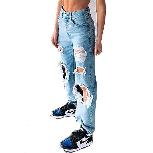 

women's jeans ripped for women jean femme slim straight leg woman hole baqueros para mujer denim trousers streetwear, Blue