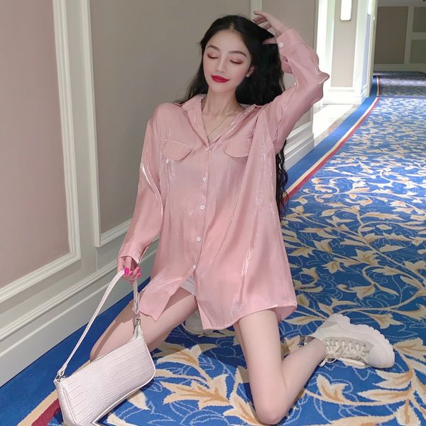 

autumn 2020 new loose versatile bright face sleeve shirt, medium and long hong kong style casual shirt fashion for women