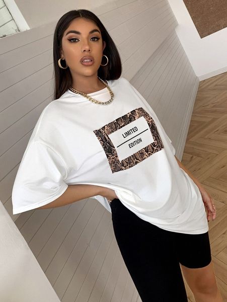 

letter & snakeskin graphic drop shoulder longline tee n9s2#, White
