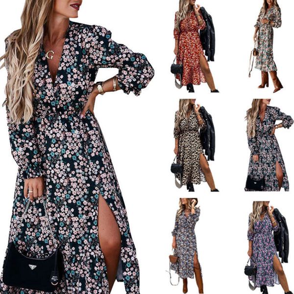 

2020 new print v-neck button slit long dress, Black;gray