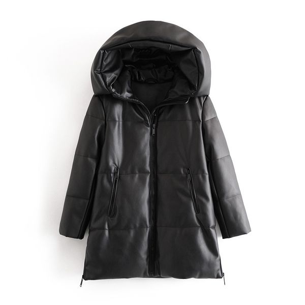 

2021 new and american wind fund of winter relaxed joker imitation leather long cotton-padded hooded jacket aqxg, Black