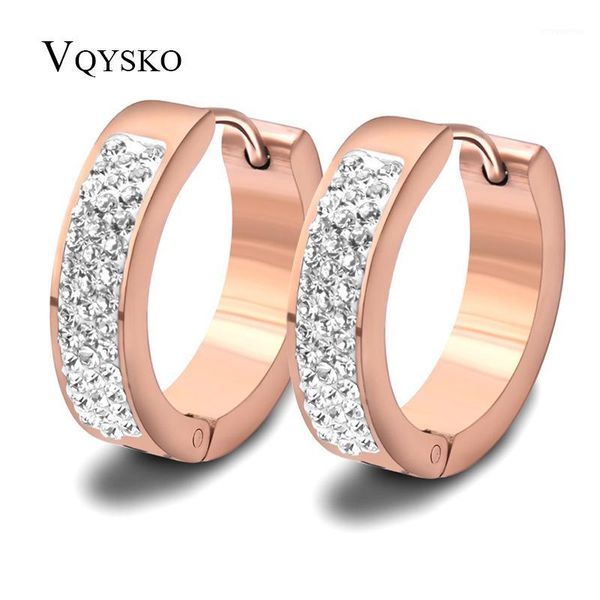 

rose gold color stainless steel three crystal pave hoop earring for women1, Golden;silver