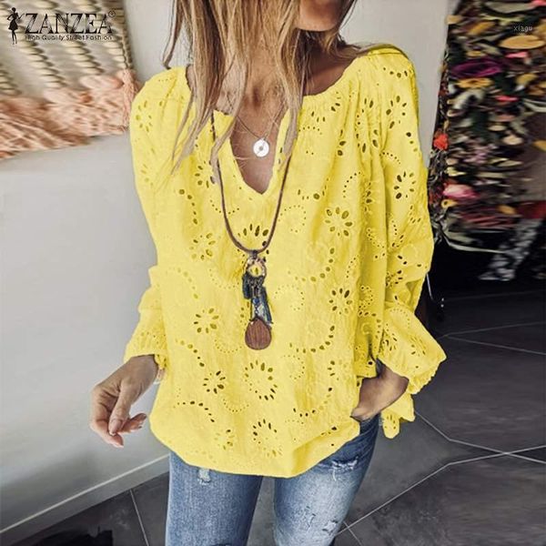 

women elegant v neck long sleeve blouse zanzea female hollow out shirt autumn embroidery tunic casual solid blusas mujer1, White