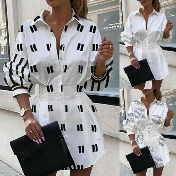 

women casual loose tunic shirt dress long sleeve striped letter print v neck blouse long shirt, White