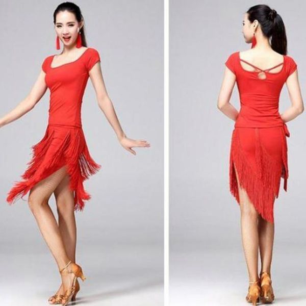

stage wear latin dance dress women soft half skirt asymmetrical multicolor tassel rumba sumba chacha competition, Black;red