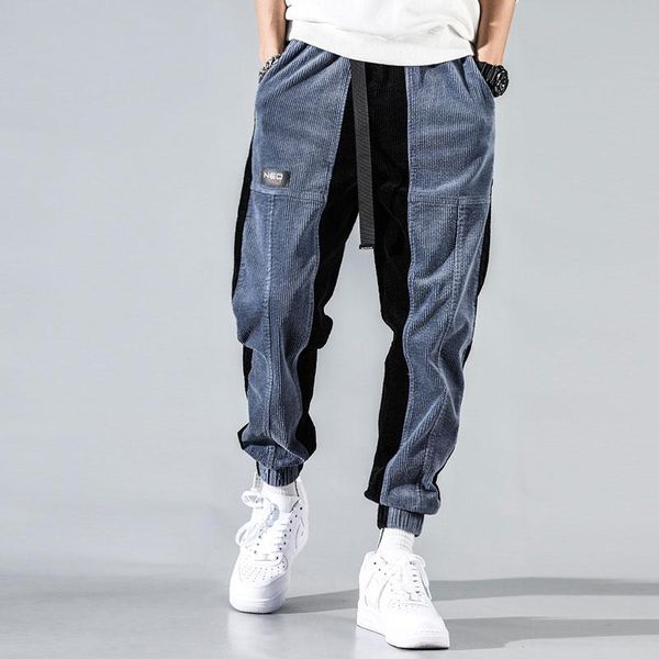

streetwear men jeans loose fit spliced designer casual corduroy cargo pants harem trousers hip hop jogger pants plus size jeans, Blue