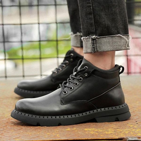 

winter men's boots genuine leather warm leisure shoes outdoor fashion british short plush ankle boots men motorcycle boots #do5t