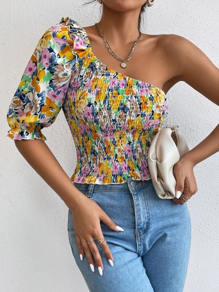 

floral print one shoulder puff sleeve shirred blouse z5k4#, White